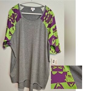 #439 LuLaRoe Gray Tunic with Purple and Green Sleeves Size XL